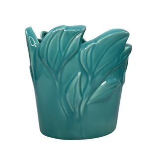 VINTAGE West Coast Pottery Aqua Leaf Vase Ceramic Oval Shape Home Decorative